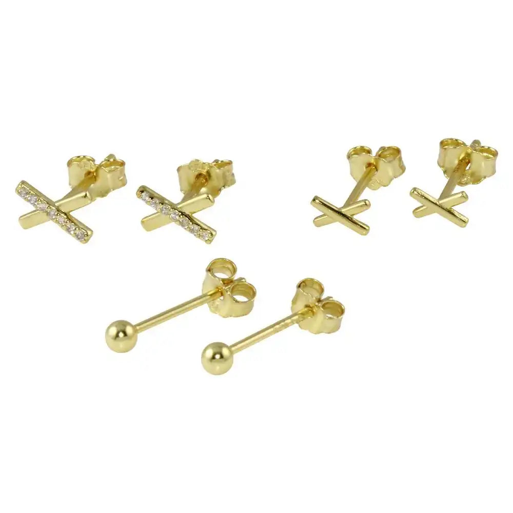 925 Sterling Silver Gold Plated Plain X and Ball CZ Set