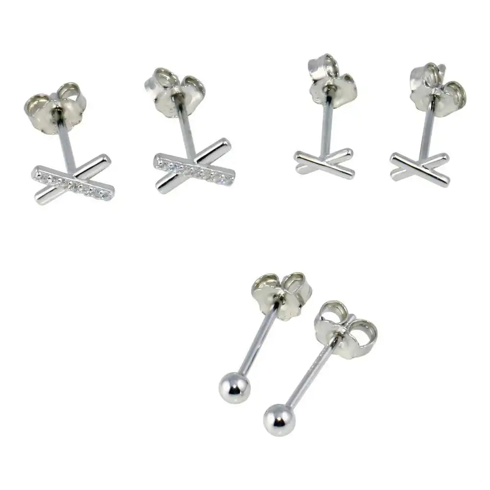 925 Sterling Silver Rhodium Plated Plain X, X CZ and Ball Earring Set