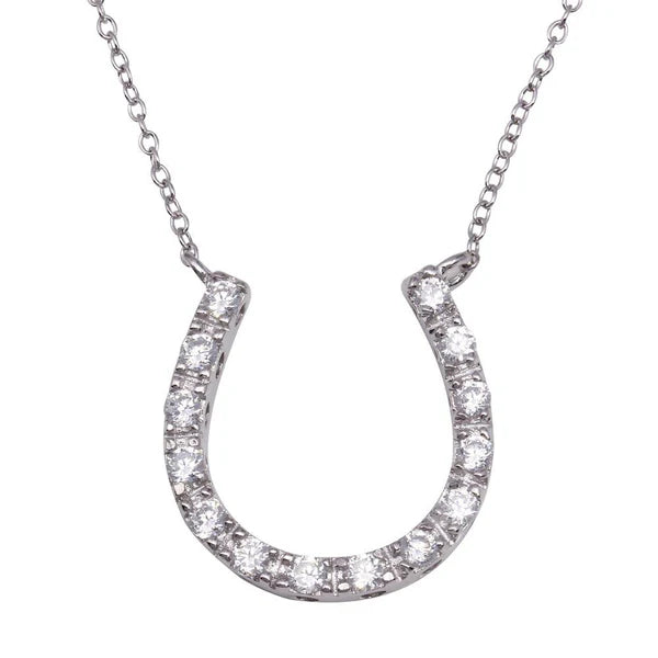 925 Sterling Silver Clear CZ Rhodium Plated Horse Shoe Pendant Necklace
