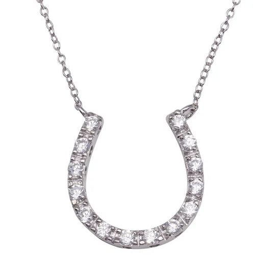 925 Sterling Silver Clear CZ Rhodium Plated Horse Shoe Pendant Necklace