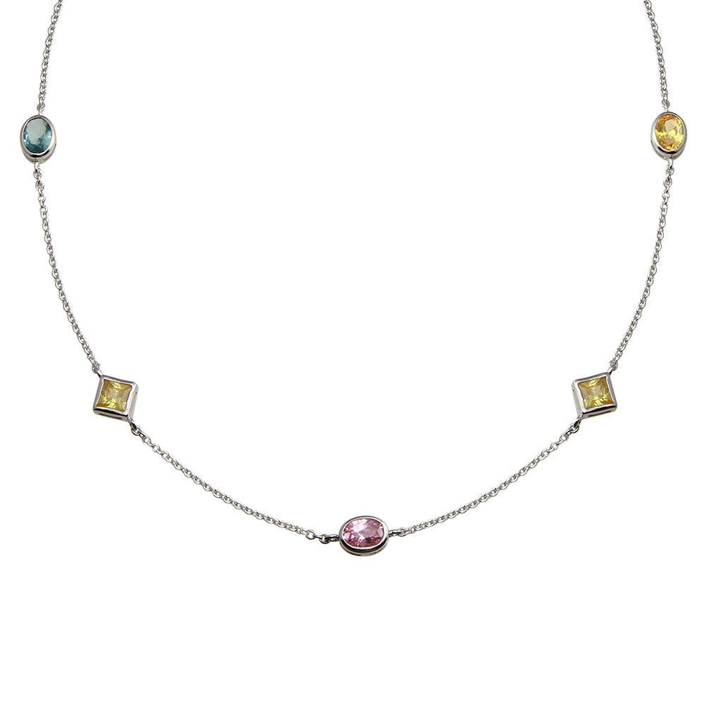 925 Sterling Silver Rhodium Plated Multi Color and Shape CZ Necklace