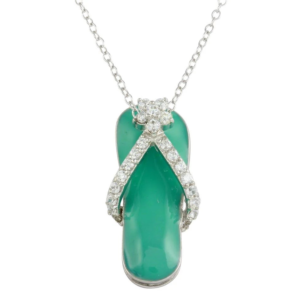 925 Sterling Silver Rhodium Plated Blue Flip-Flop Necklace with CZ