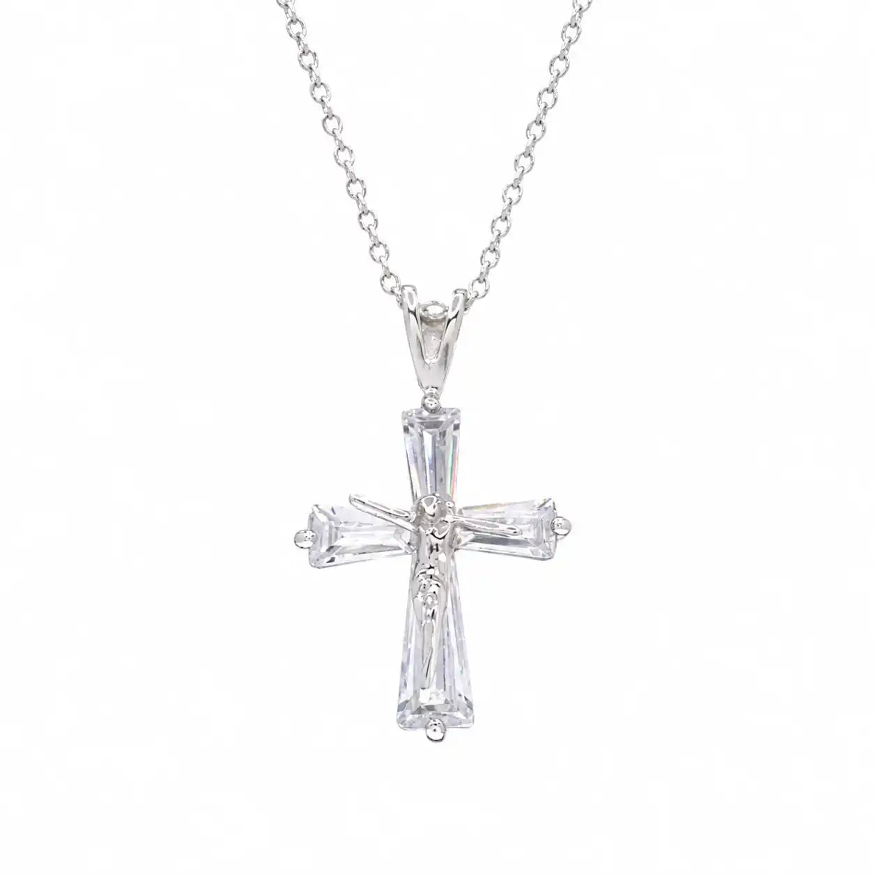 925 Sterling Silver Rhodium Plated Dainty Jesus CZ Crucifix Pendant Necklace