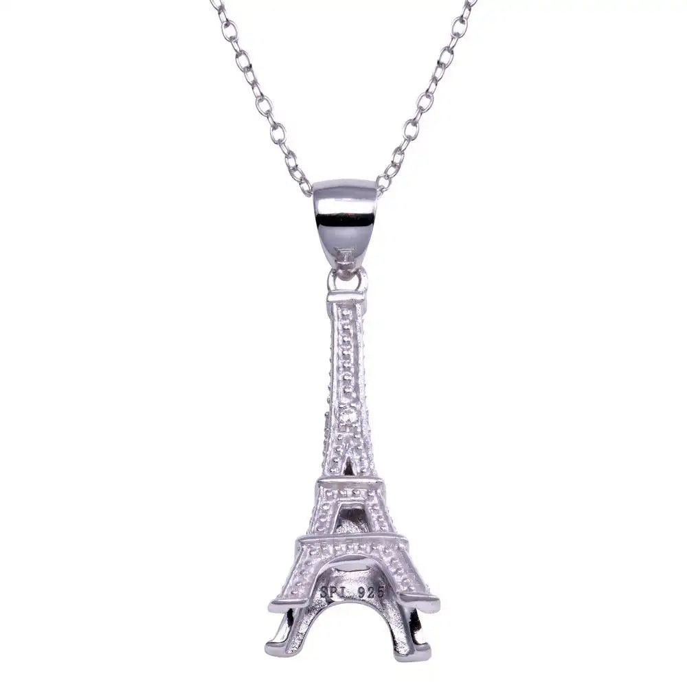 925 Sterling Silver Rhodium Plated Eiffel Tower Pendant Necklace