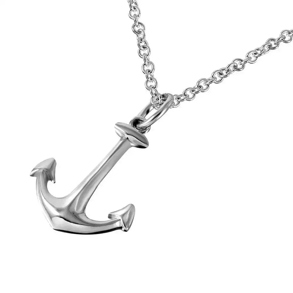 925 Sterling Silver Rhodium Plated Clear CZ Anchor Pendant Necklace