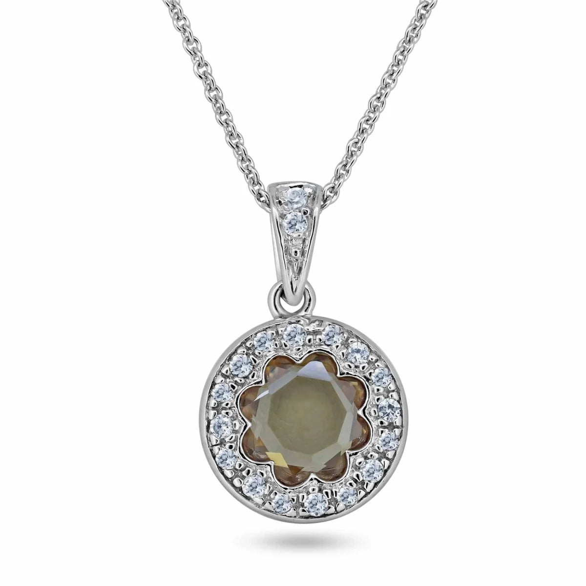 925 Sterling Silver Clearance-Rhodium Plated Flower Champagne CZ Necklace