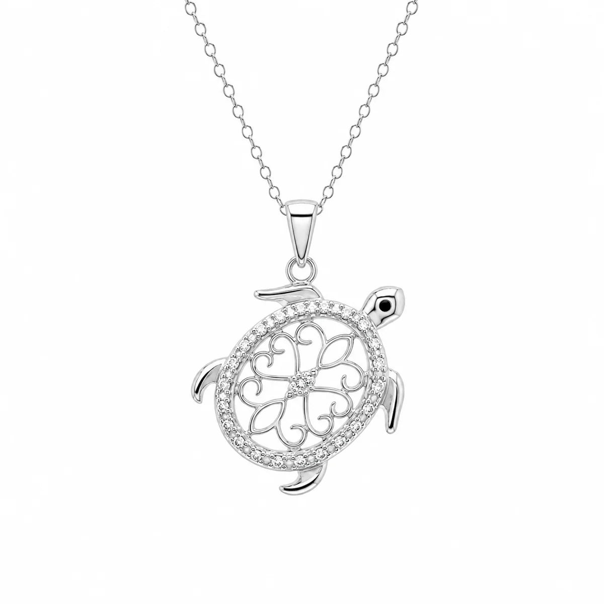 925 Sterling Silver Rhodium Plated Diamond Turtle Pendant Necklace