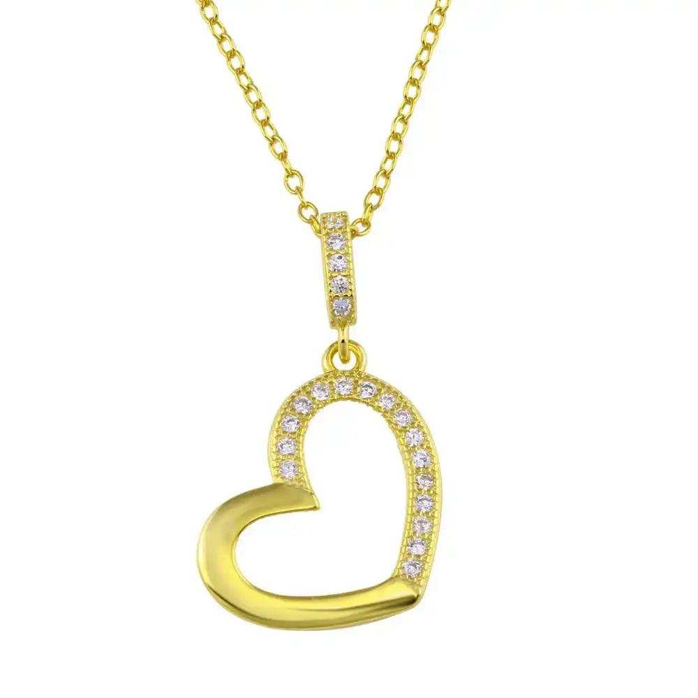 925 Sterling Silver Gold Plated Open Heart Necklace with CZ