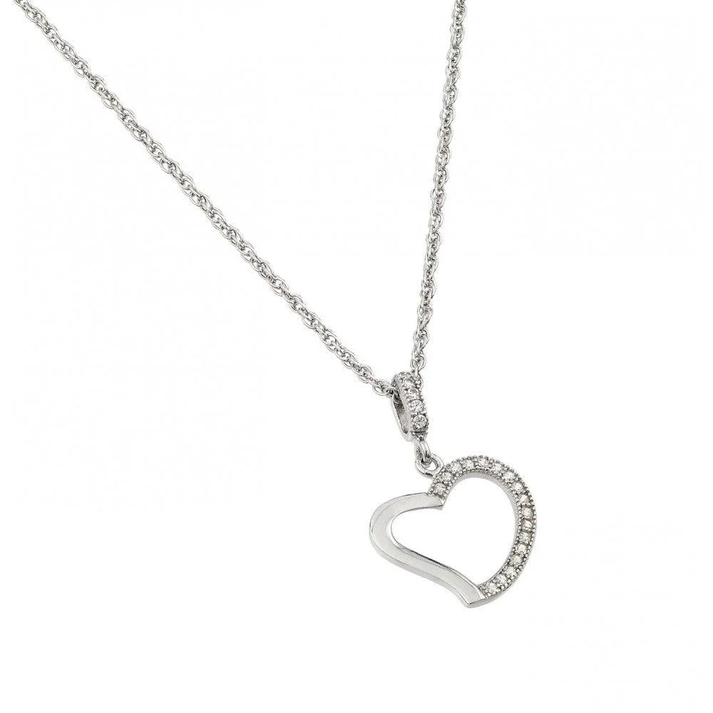925 Silver Rhodium Plated Clear CZ Heart Pendant Necklace