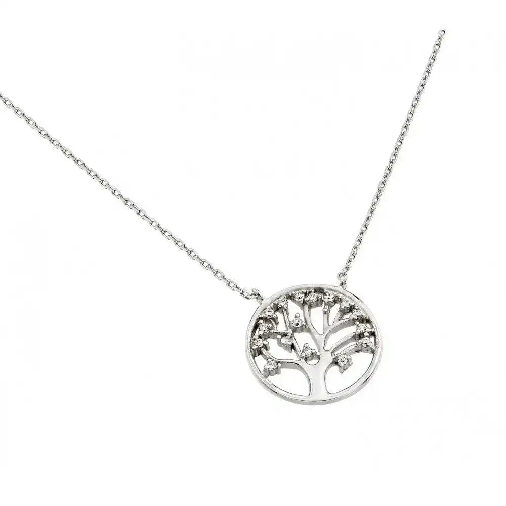 925 Sterling Silver Rhodium Plated Clear CZ Round Tree Pendant Necklace