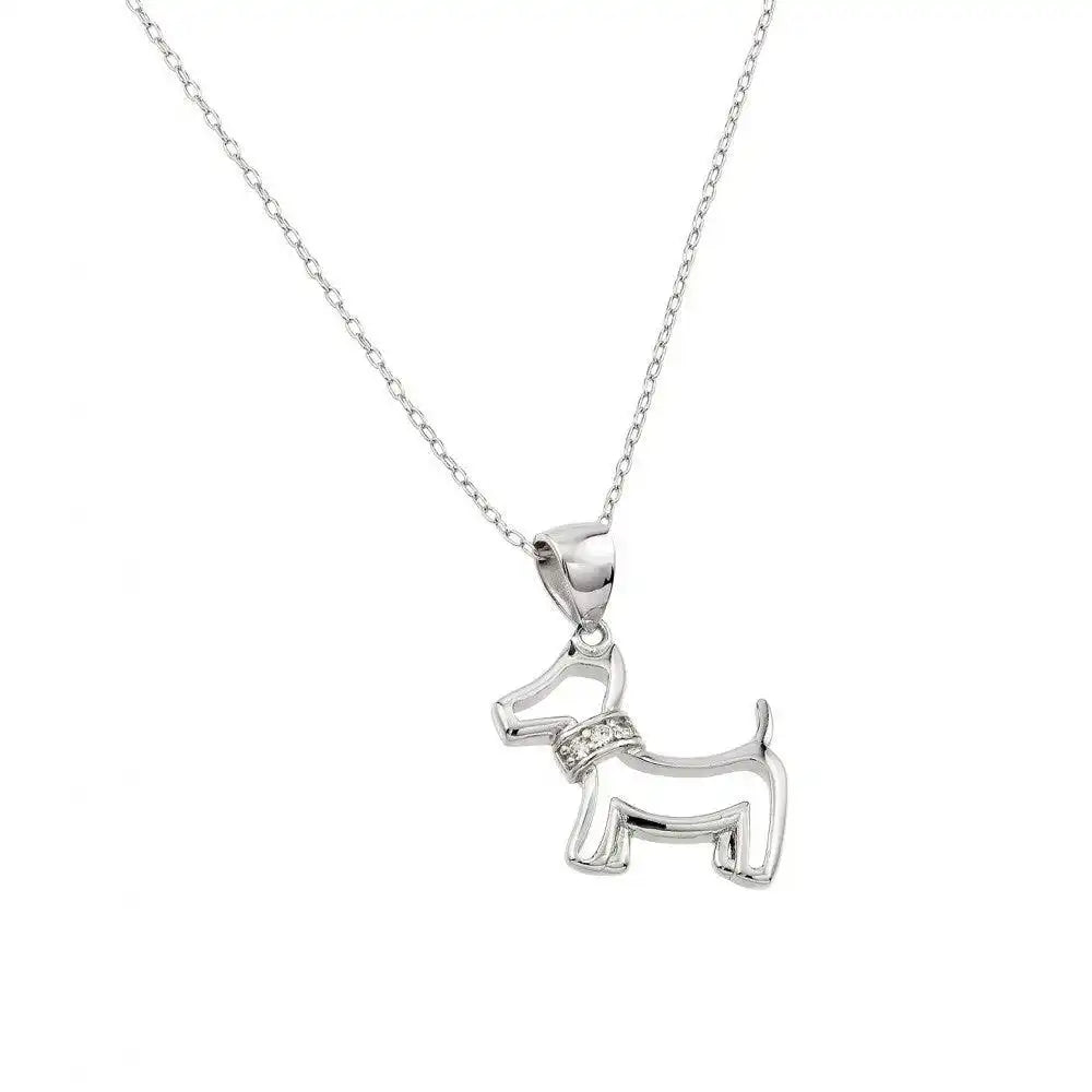 925 Sterling Silver Rhodium Plated Clear CZ Dog Pendant Necklace