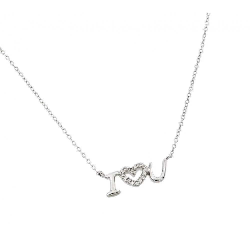 925 Silver Rhodium Plated Clear CZ "I Heart U" Pendant Necklace