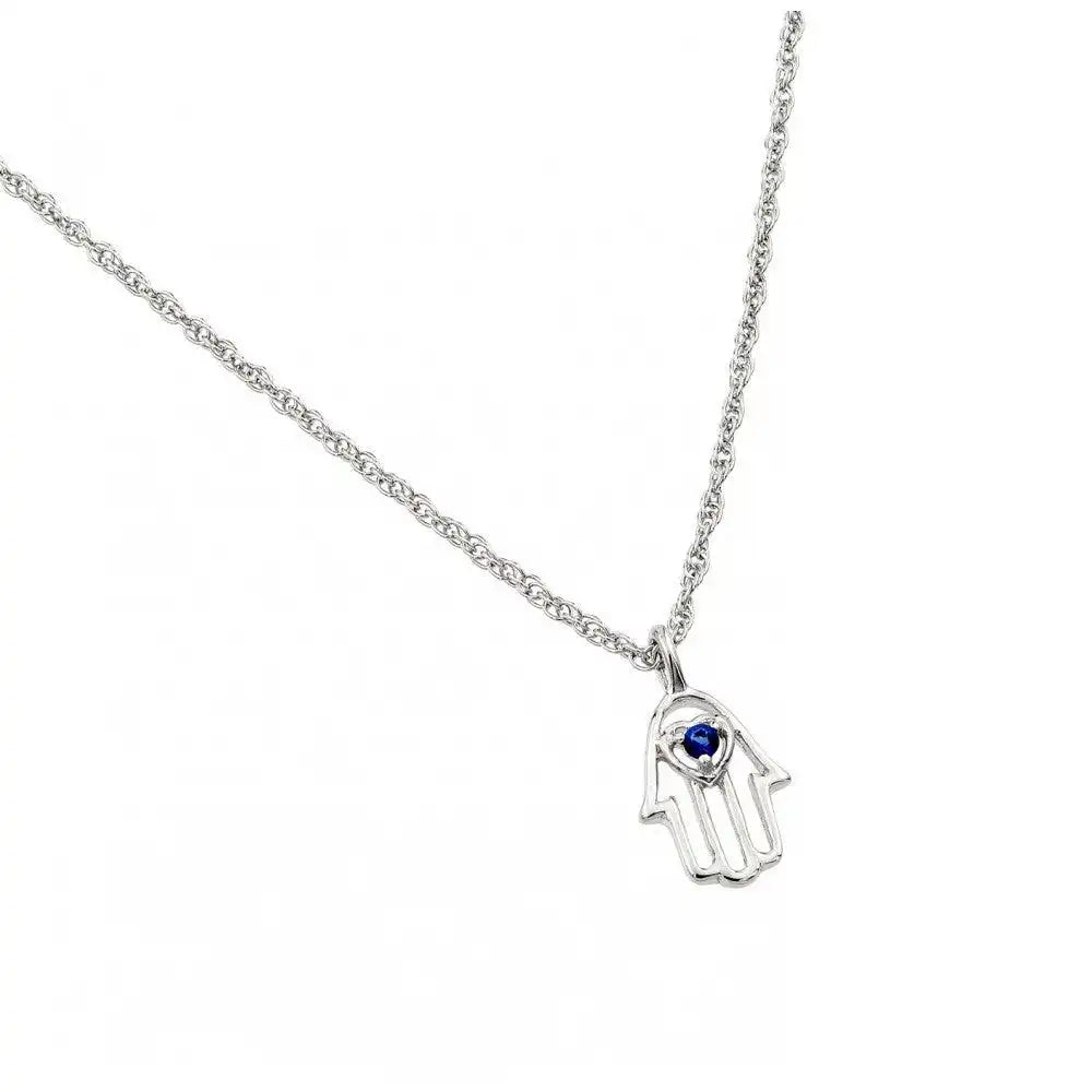 925 Sterling Silver Rhodium Plated Blue CZ Hamsa Pendant Necklace