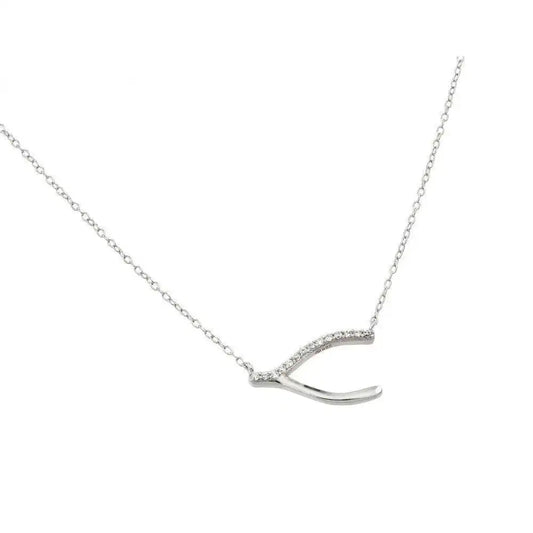 925 Sterling Silver Rhodium Plated Clear CZ Wishbone Pendant Necklace