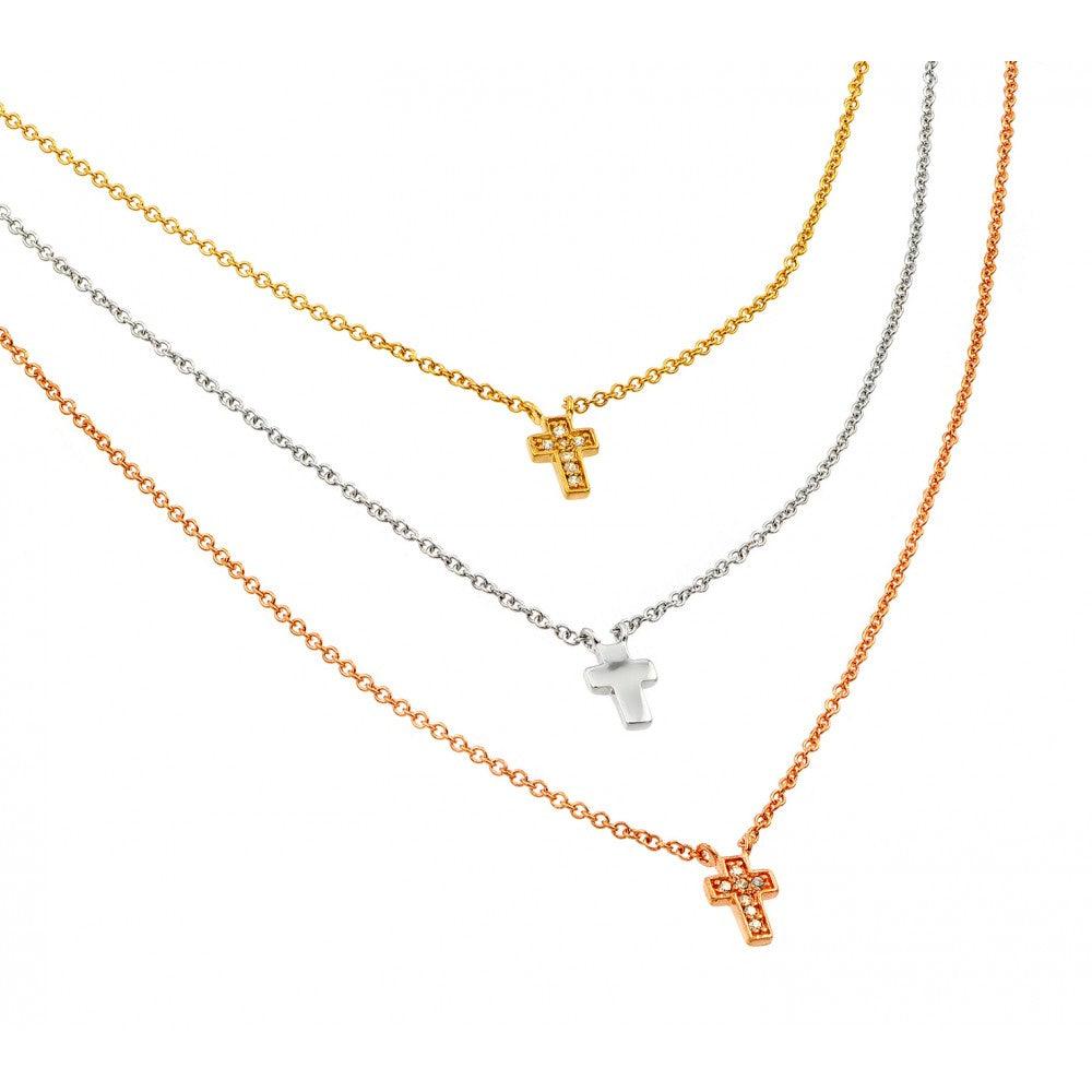 925 Silver Rhodium Gold and Rose Gold Plated Clear CZ Cross Pendants Necklace