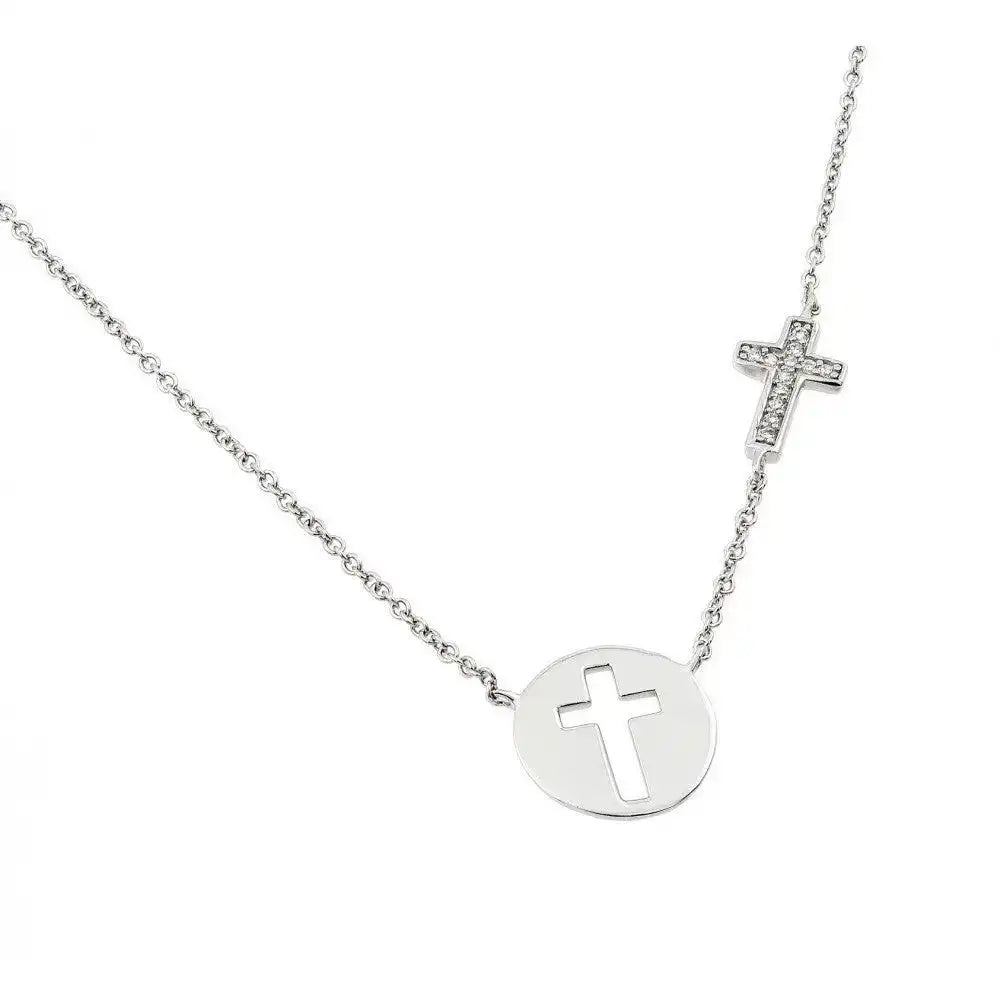 925 Sterling Silver Rhodium Plated Clear CZ Cross Cutout Pendant Necklace