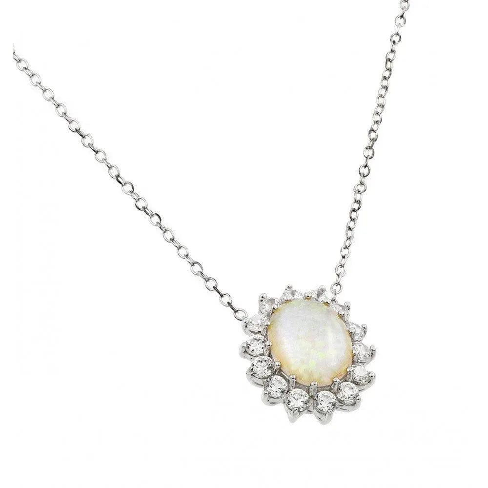925 Sterling Silver Rhodium Plated Clear CZ Sunflower Oval Opal Cluster Pendant Necklace
