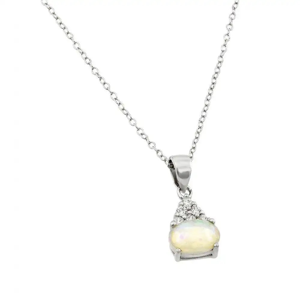 925 Sterling Silver Rhodium Plated Clear CZ and Oval Opal Pendant Necklace