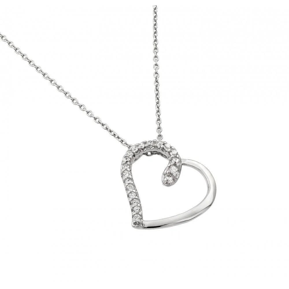 925 Silver Rhodium Plated Clear CZ Heart Pendant Necklace