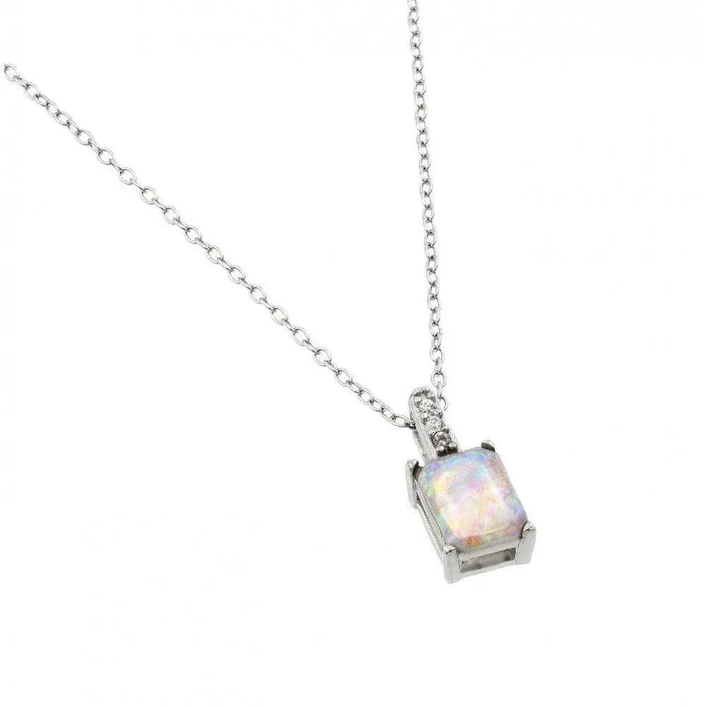 925 Sterling Silver Rhodium Plated Opal Rectangle Pendant Necklace