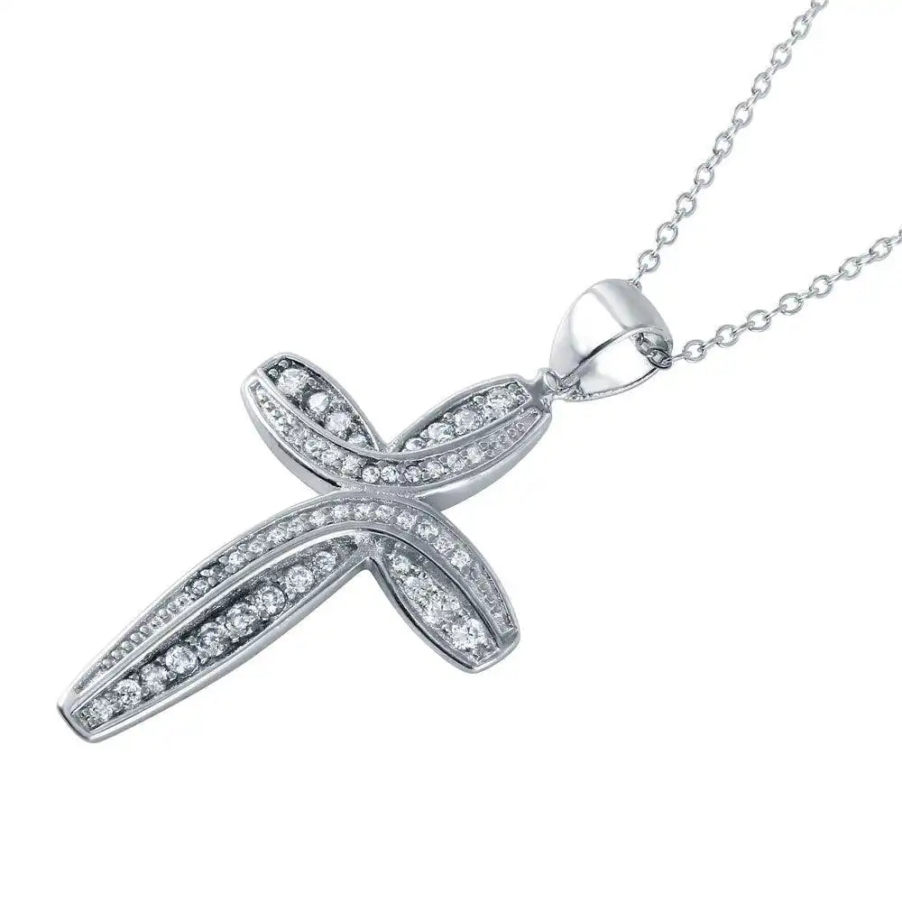 925 Sterling Silver Rhodium Plated CZ Rounded Cross Pendant Necklace