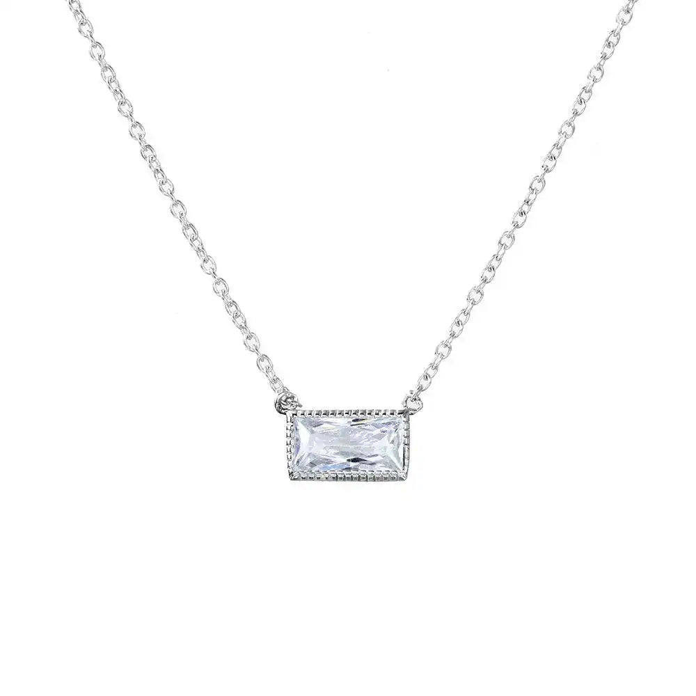 925 Sterling Silver Rhodium Plated Clear CZ Rectangle Necklace