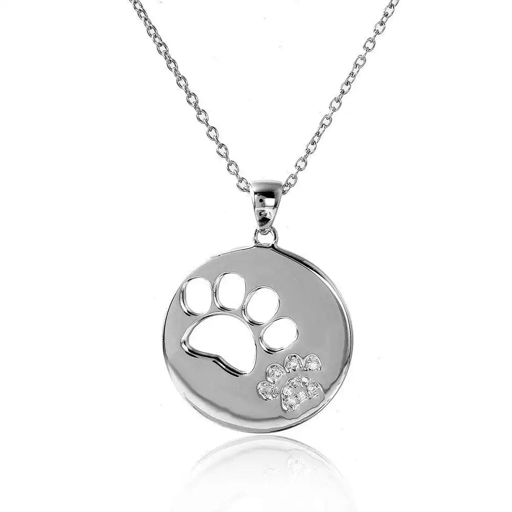 925 Sterling Silver Rhodium Plated Cut Out and CZ Paw Necklace