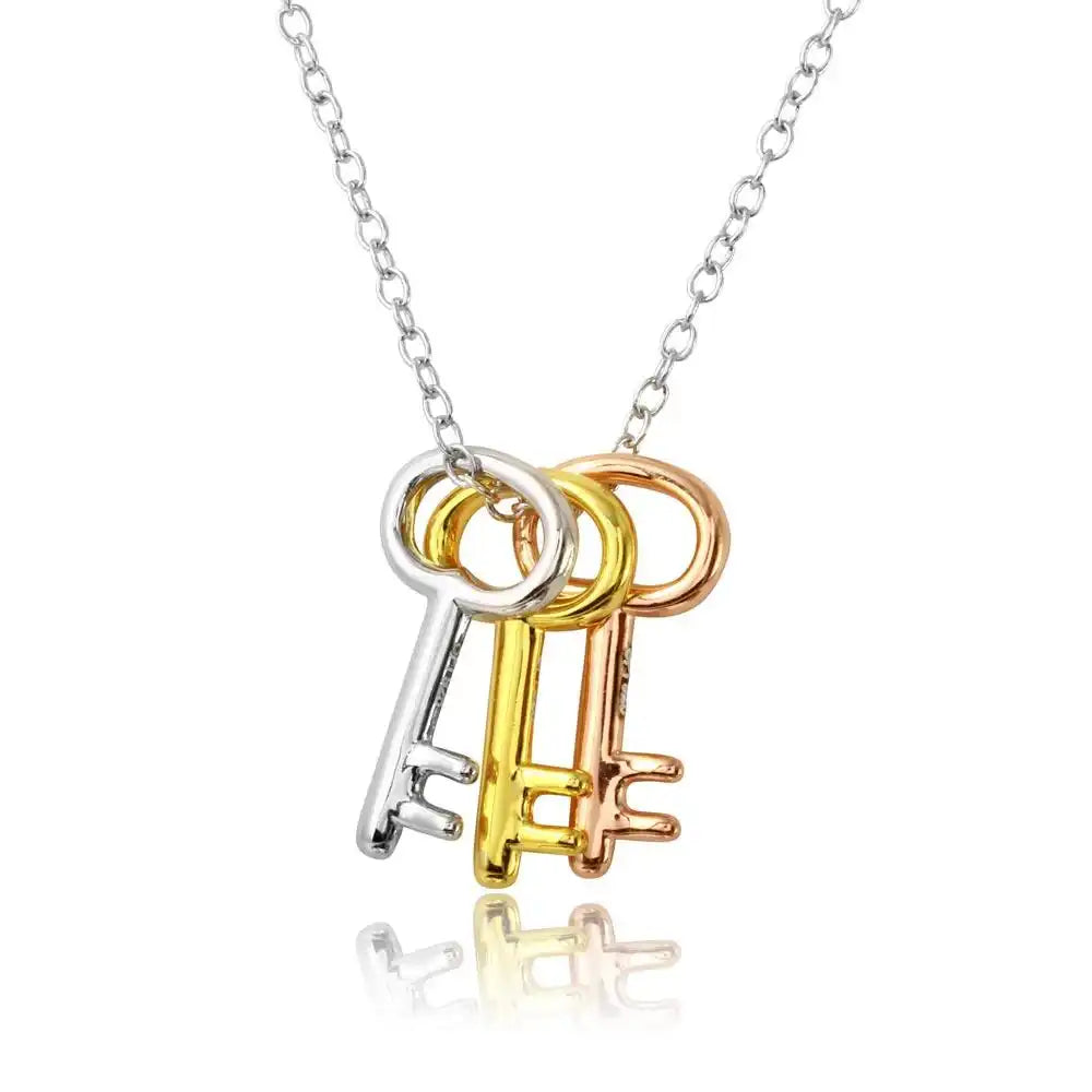 925 Sterling Silver Three-Tone Plated Three Key Necklace