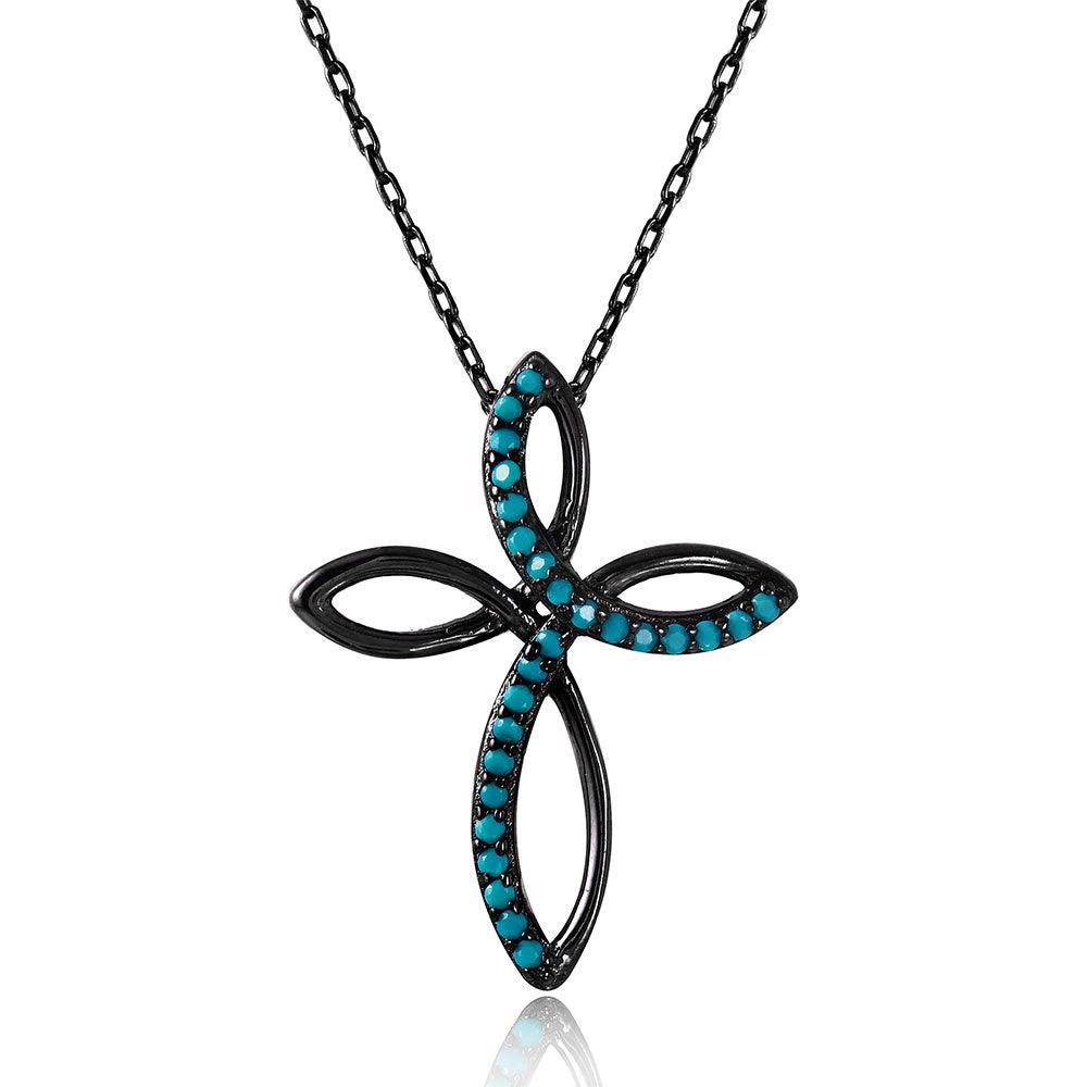 925 Silver Black Rhodium Plated Open Cross Necklace with Synthetic Turquoise Stones