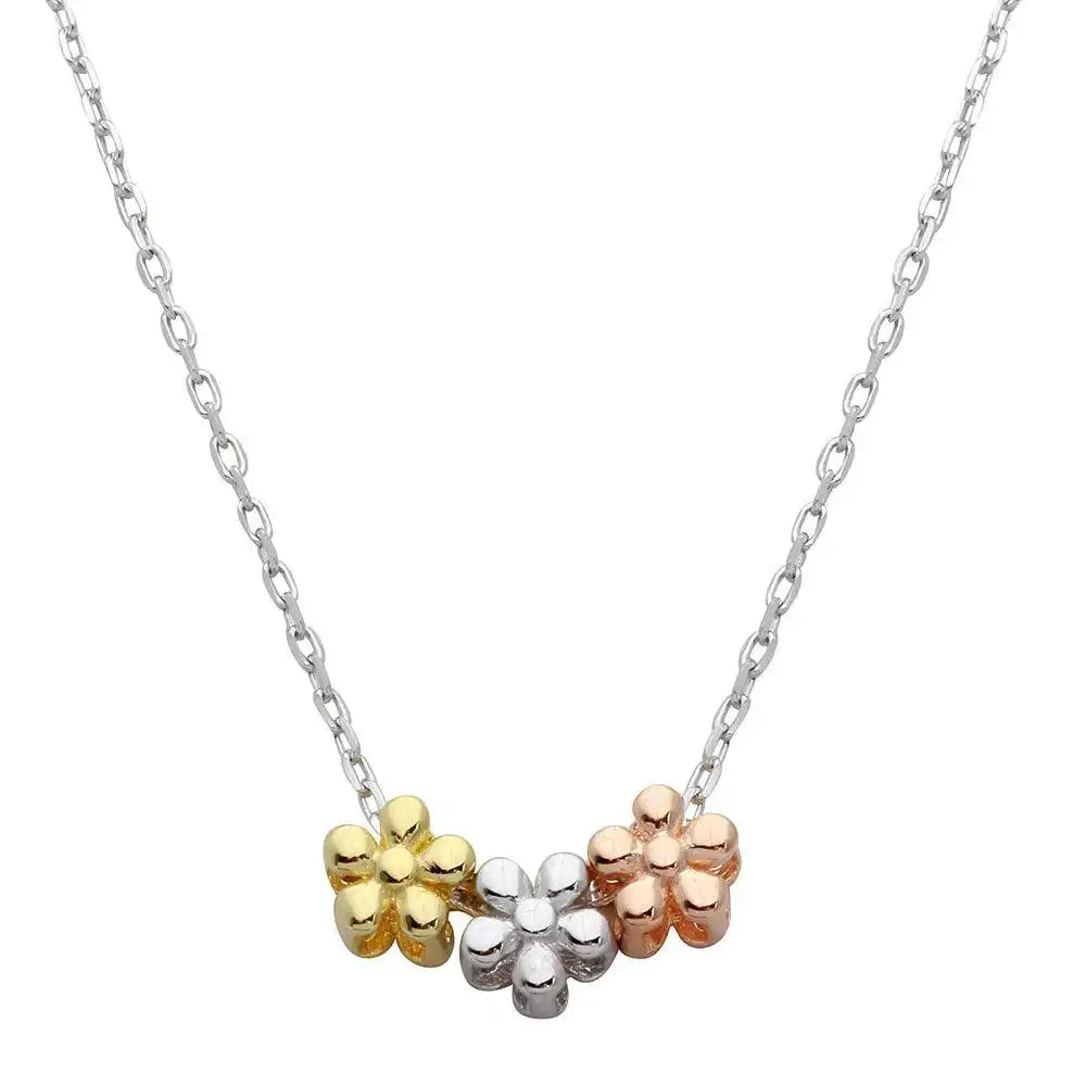925 Sterling Silver Three-Tone Flower Charms Necklace
