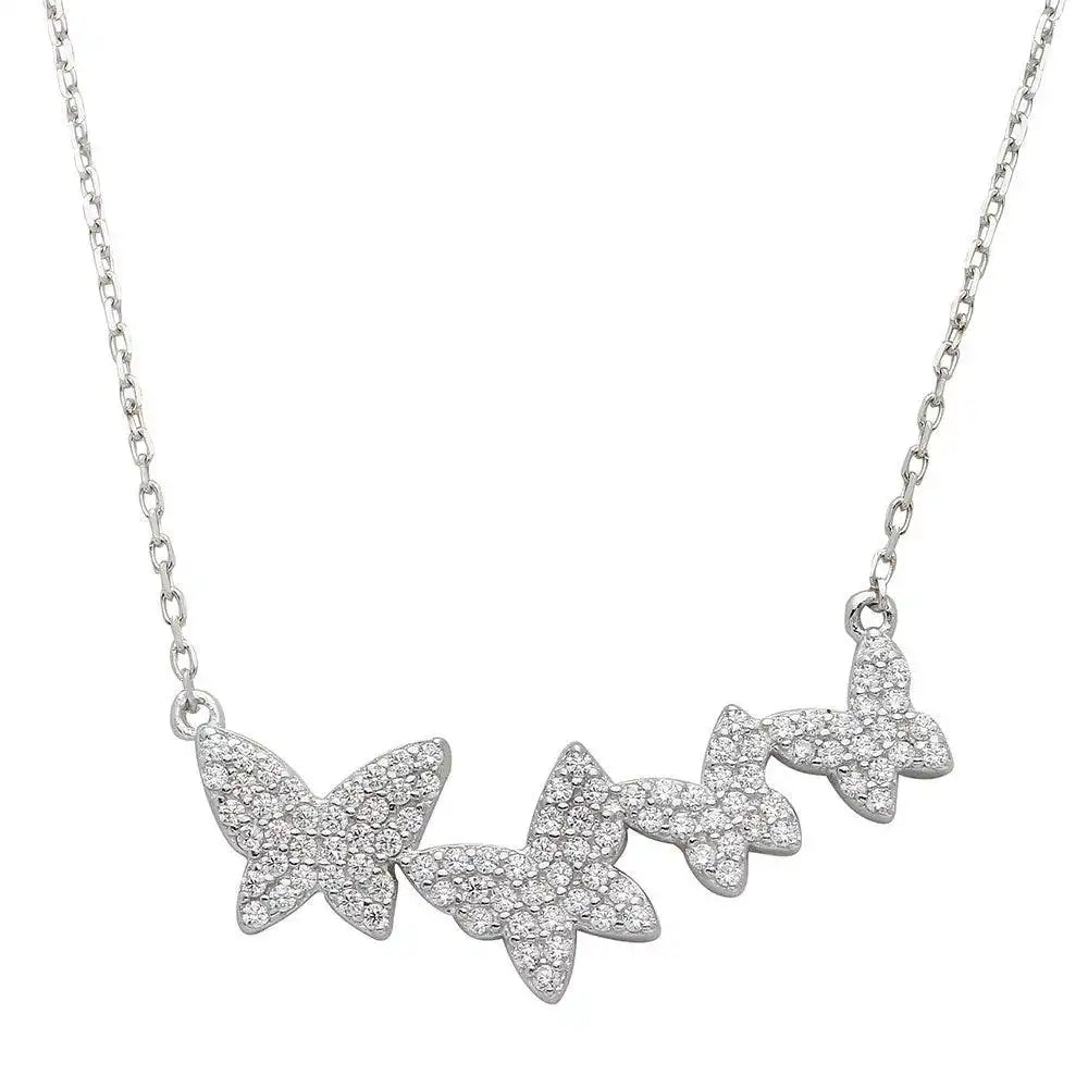 925 Sterling Silver Rhodium Plated Graduated CZ Encrusted Butterfly Necklace