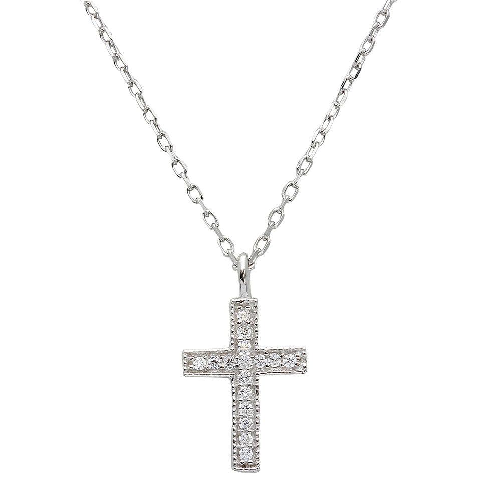 925 Sterling Silver Rhodium Plated CZ Cross Necklace