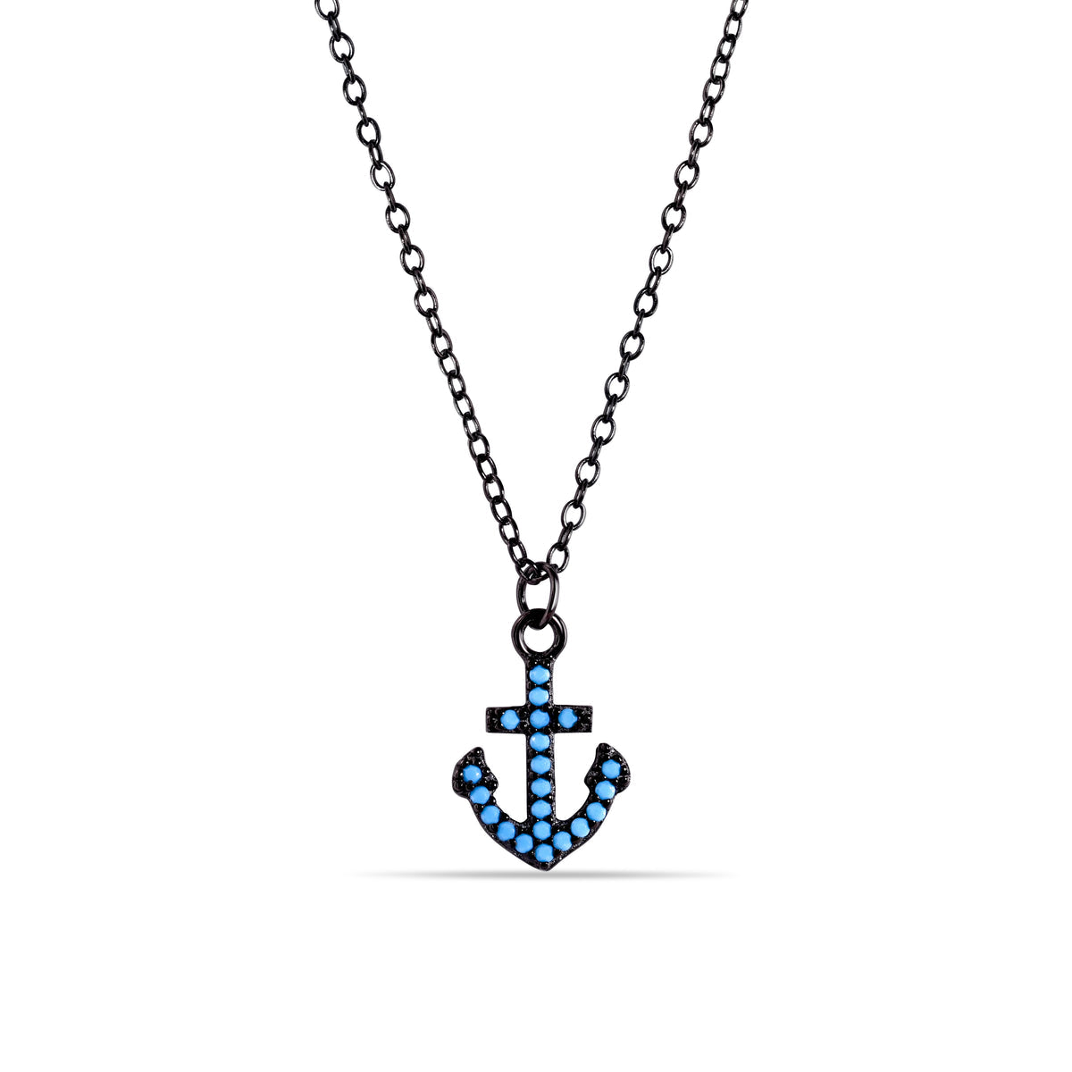 925 Sterling Silver Black Rhodium Plated Anchor Turquoise Stones Necklace