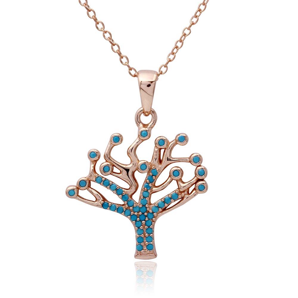 925 Sterling Silver Rose Gold Plated Turquoise Stones Tree Necklace