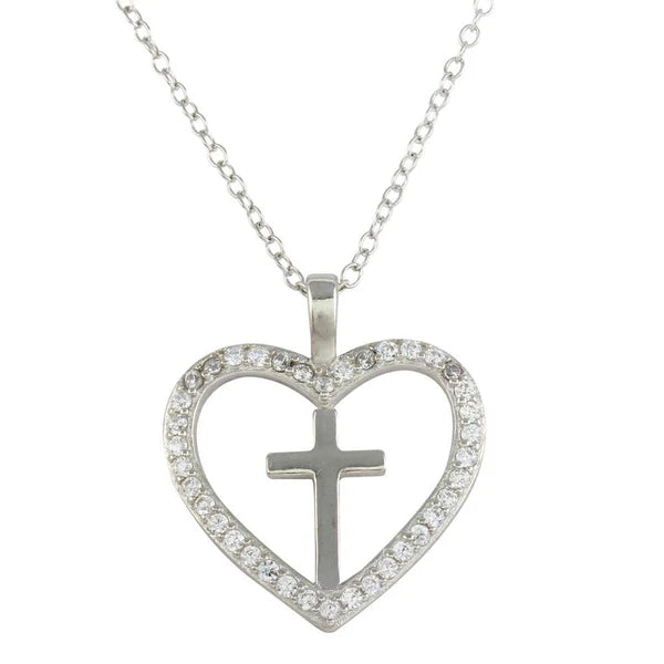 925 Sterling Silver Rhodium Plated Heart and Cross Necklace with CZ