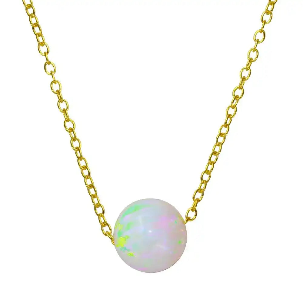 925 Sterling Silver Gold Plated White Round Synthetic Opal Necklace