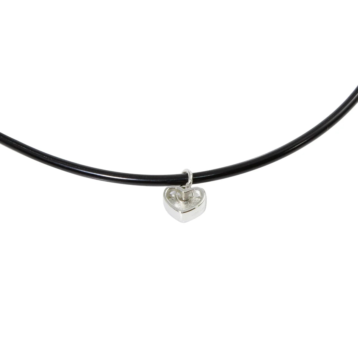 925 Sterling Silver Rhodium Plated Heart Charm Black Rubber Choker Necklace