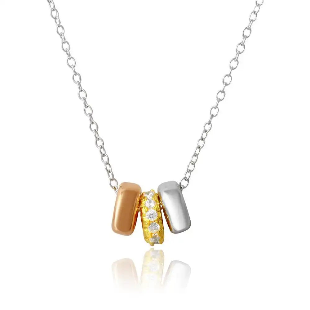 925 Sterling Silver Three-Tone Plated Three Hoops with CZ Necklace
