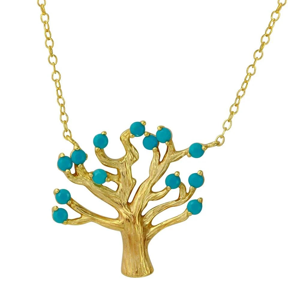 925 Sterling Silver Gold Plated Tree Necklace with Turquoise Beads