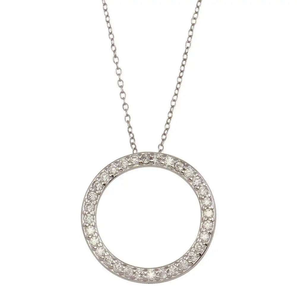925 Sterling Silver Rhodium Plated Circle Pendant Necklace with CZ
