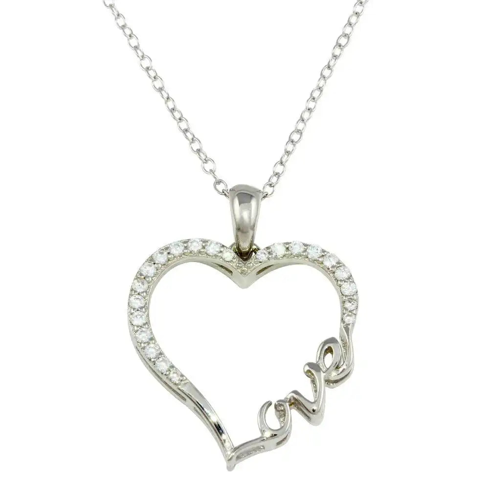 925 Sterling Silver Rhodium Plated Heart and Love Word Necklace with CZ
