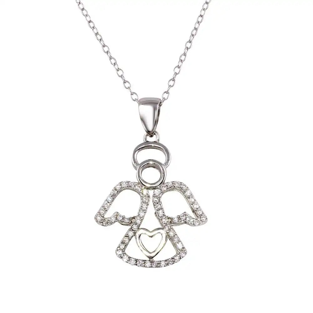 925 Sterling Silver Rhodium Plated Clear Angel Heart Pendant with CZ