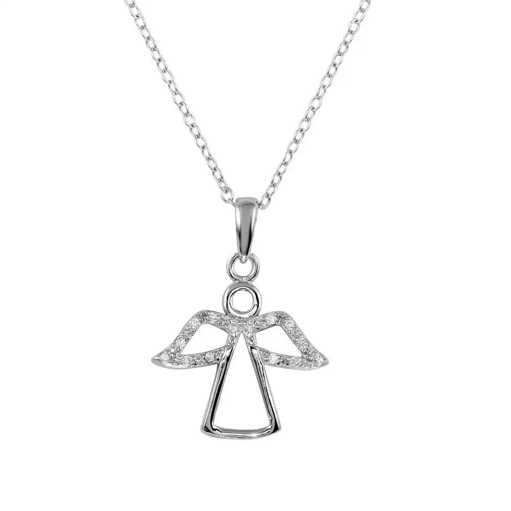 925 Sterling Silver Rhodium Plated Small Angel Pendant with CZ