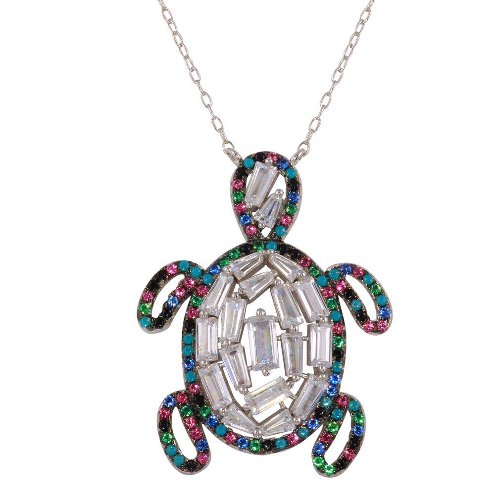 925 Sterling Silver Rhodium Plated Multi-Colored Turtle Pendant with CZ