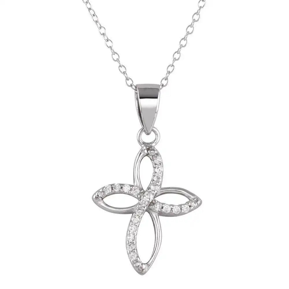 925 Sterling Silver Rhodium Plated Open Cross Pendant Necklace with CZ