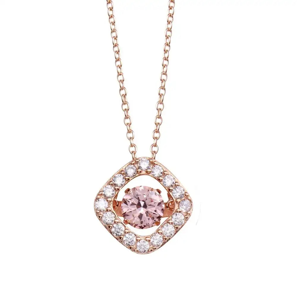 925 Sterling Silver Rose Gold Plated Open Square Pendant Necklace with Dancing Pink CZ Stone