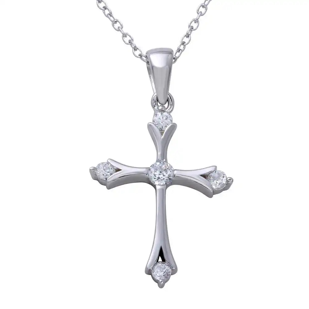 925 Sterling Silver Rhodium Plated Medium Cross Pendant Necklace with CZ Stones