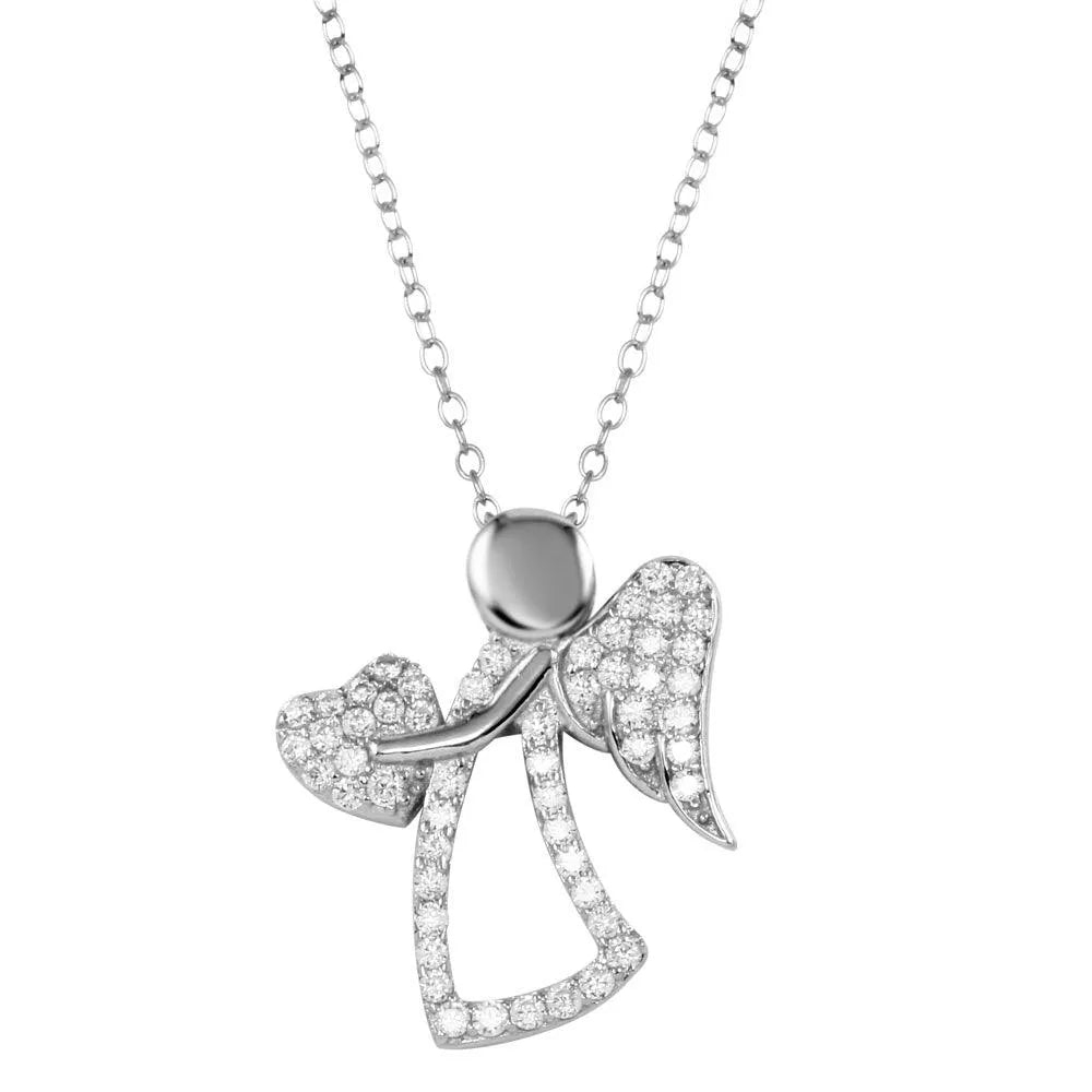 925 Sterling Silver Rhodium Plated CZ Angel with Heart and Wings