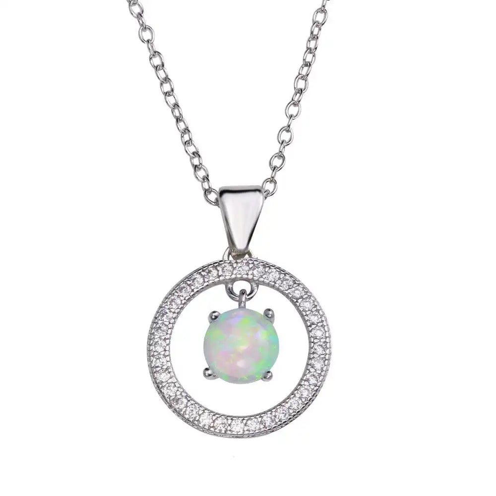 925 Sterling Silver Rhodium Plated Open Circle Pendant Necklace with Synthetic Opal