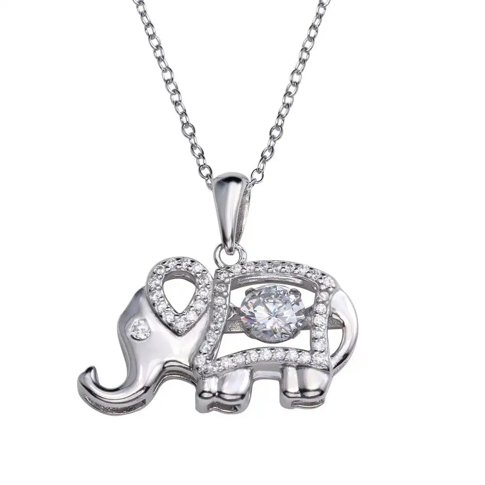 925 Sterling Silver Rhodium Plated Elephant Pendant Necklace with Dancing CZ
